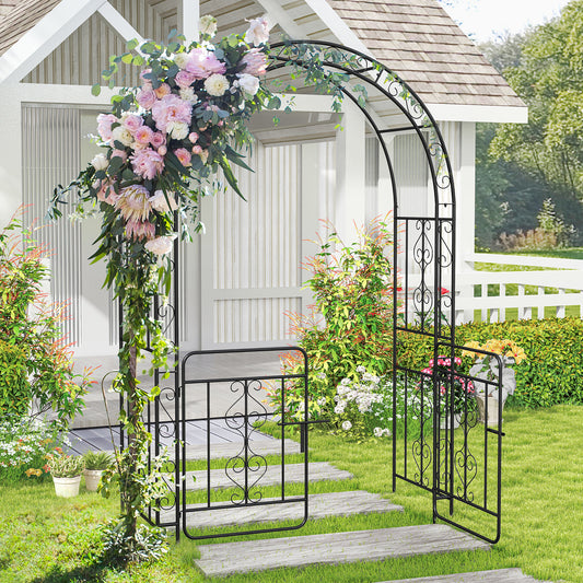 Garden Arbor with Gate and Multiple Side Crossbars for Decoration-Black