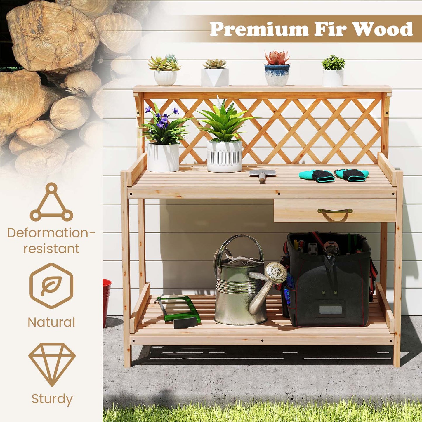 Garden Potting Bench Table with Lattice Trellis and Removable Drawer