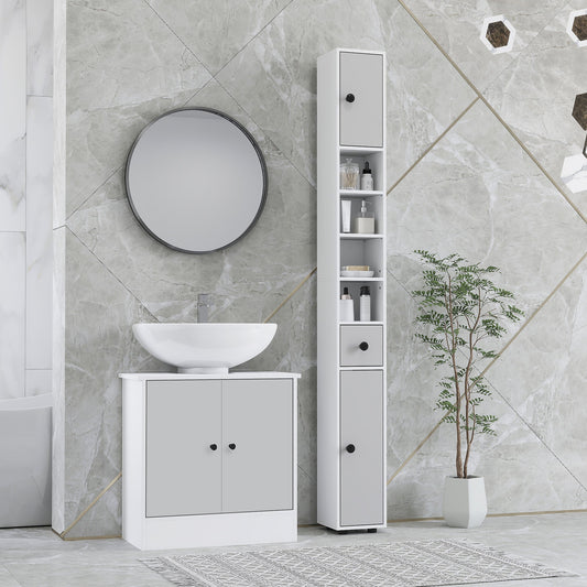 kleankin 180cm Slim Bathroom Cabinet, with Drawer, Shelves and Cupboards - Light Grey