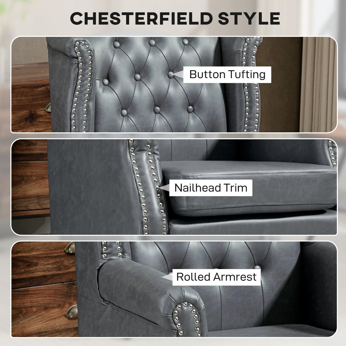 HOMCOM Wingback Accent Chair Tufted Chesterfield-style Armchair with Nail Head Trim for Living Room Bedroom Grey