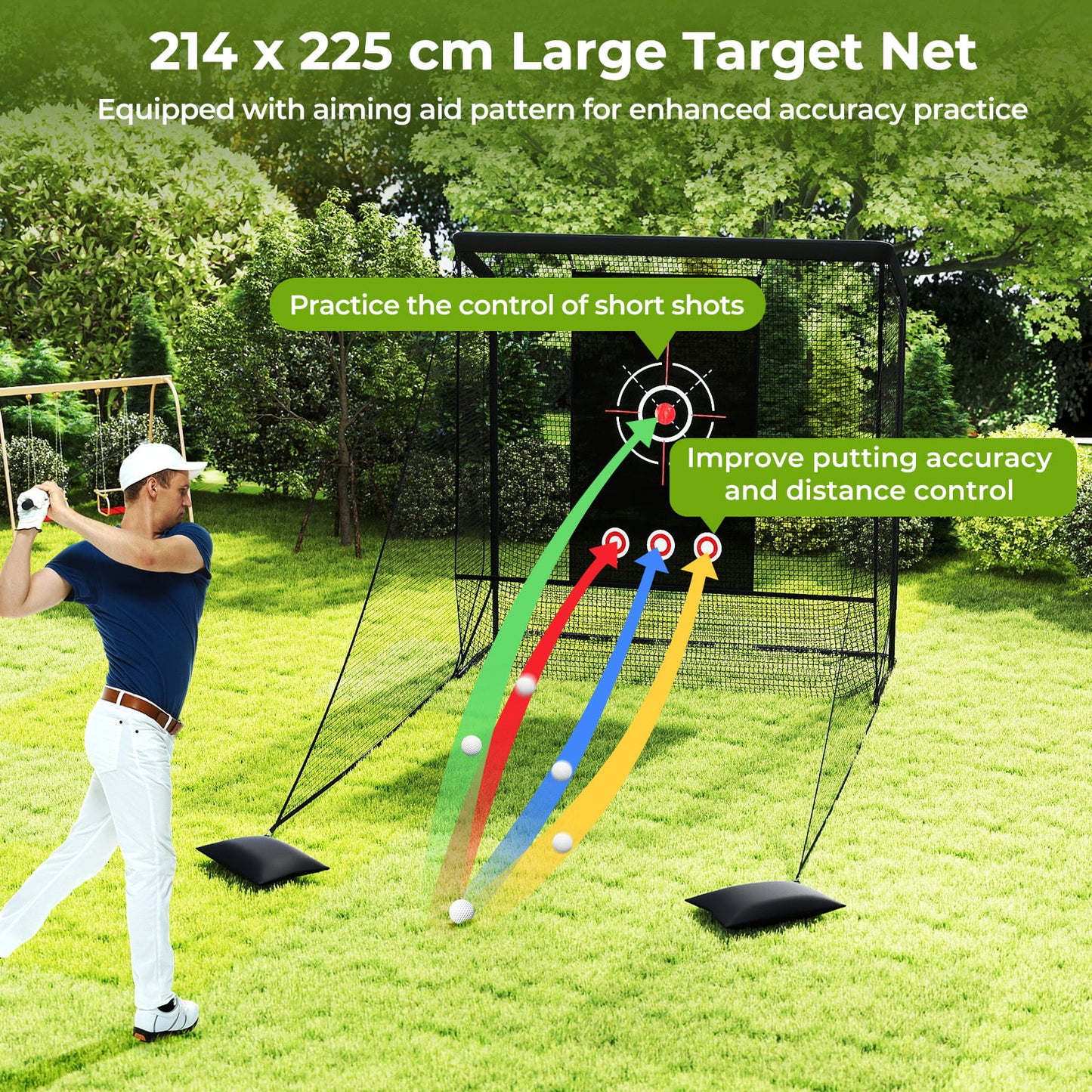 Golf Practice Net with Dual Side Barriers and Sand Bags for Backyard