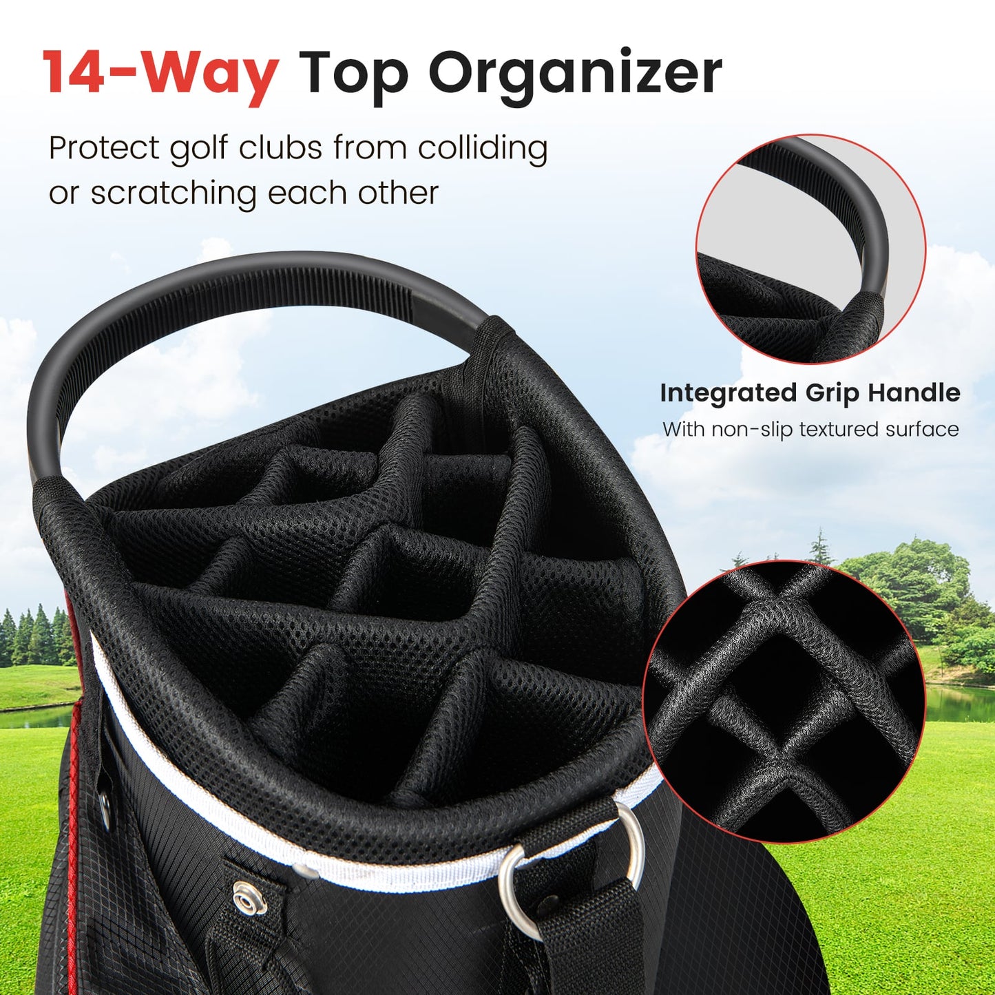 14-Way Golf Cart Bag with 9 Zippered Pockets and Cooler Bag-Red