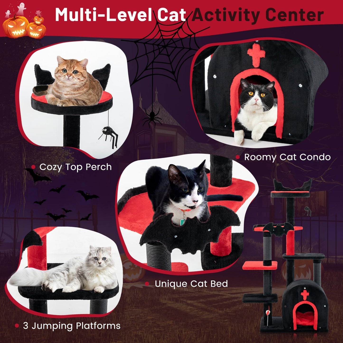 Gothic Cat Tree 134cm Tall Cat Tower with Cat Bed for Indoor Kitten and Adult Cat-Black