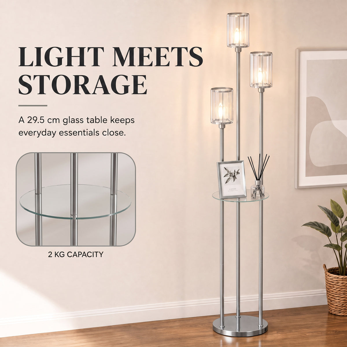 HOMCOM Floor Lamp with Shelves, 3-Light Crystal Standing Lamp with Glass Shades and Foot Switch, Bulbs Not Included, Chrome