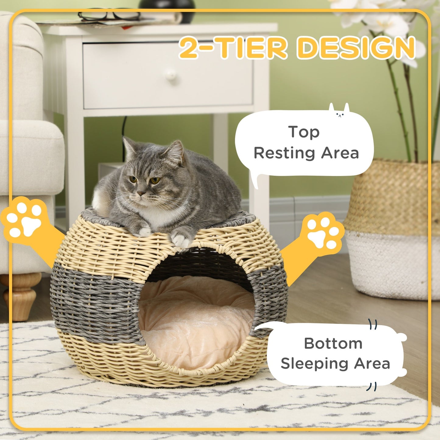 PawHut Wicker Cat House, Rattan Raised Cat Bed, Cosy Kitten Cave with Soft Washable Cushion, â40 x 30cm