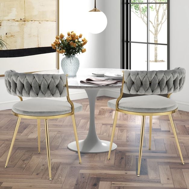 Upholstered Dining Chairs with Golden Metal Legs for Living Room-Gray