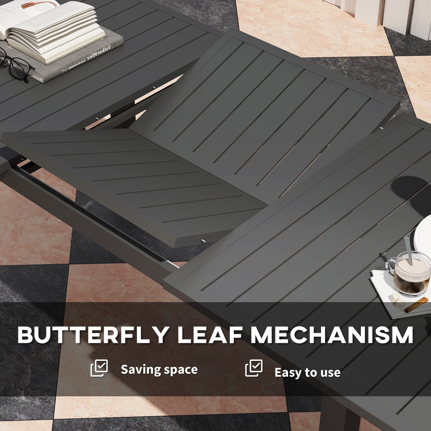 Outsunny Aluminium Extending Garden Table with Slatted Top for 6-8 Person, 160/220 x 90 x 73 cm, Grey