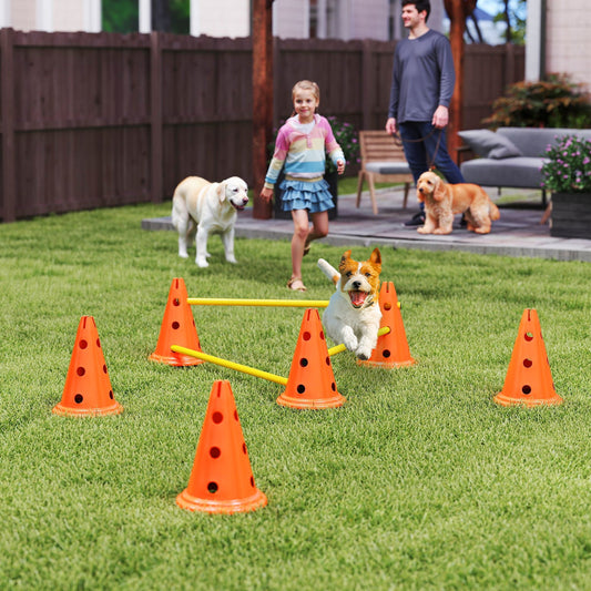 PawHut Dog Agility Equipment Set of Six Cones, Six Poles with Carry Bag, Three-Piece Adjustable Height Jumping Obstacles Orange
