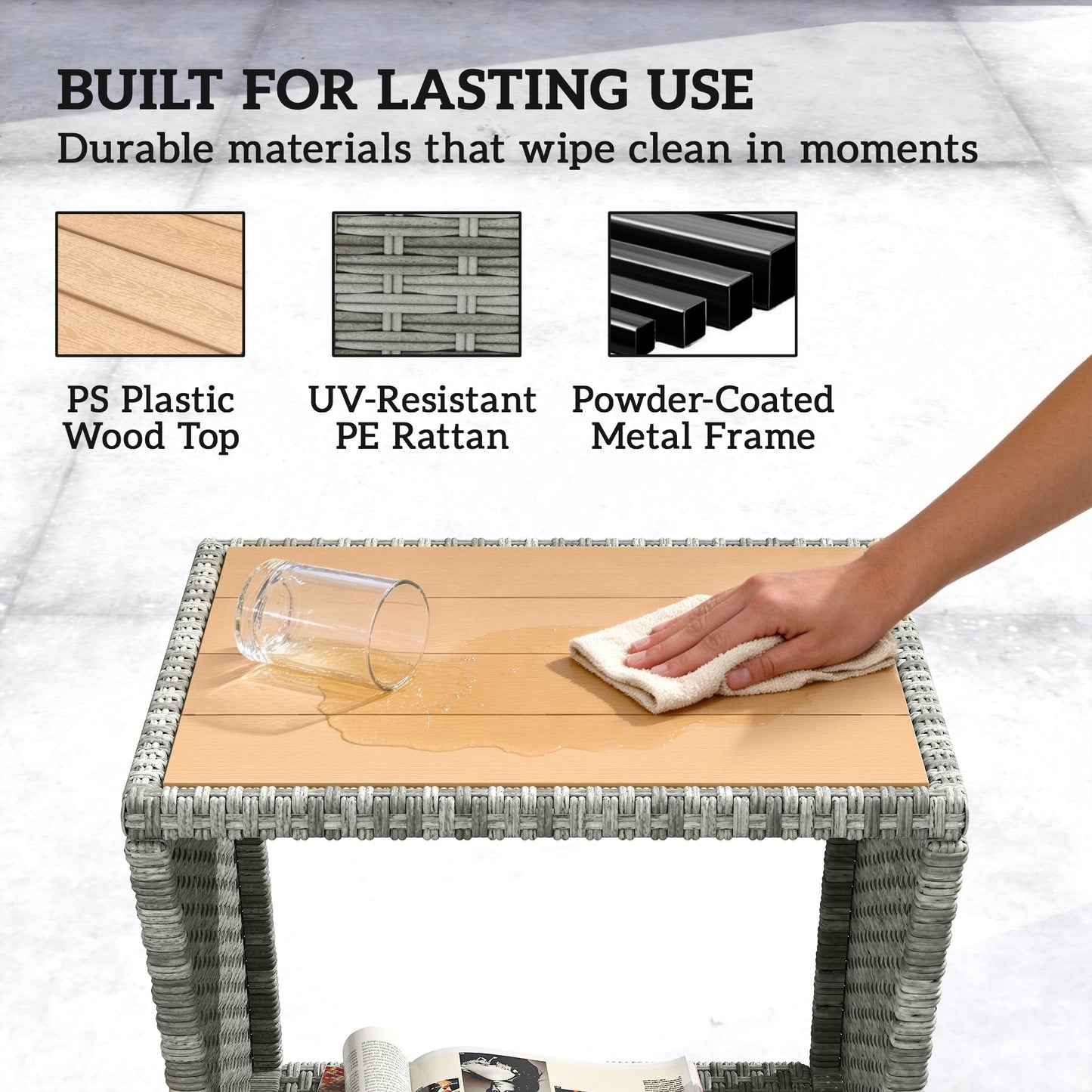 Outsunny Side Table 2-Tier Outdoor Coffee Table with Storage Shelf PS Wood Slat Top/Light Grey