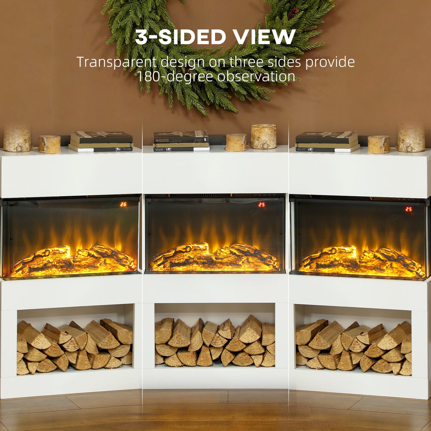 HOMCOM 19" Electric Fireplace with Surround, 3D Flame Effect, 6 Colours & 3 Brightness Levels, 1000W/2000W White Electric Fire and Mantel Reach up to 30ã¡ Space with Remote & Timer, 3 Sided View