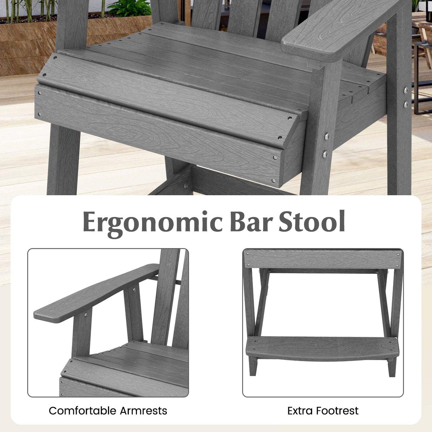 Outdoor HDPE Bar Stool with Armrest Footrest for Garden Poolside-Grey