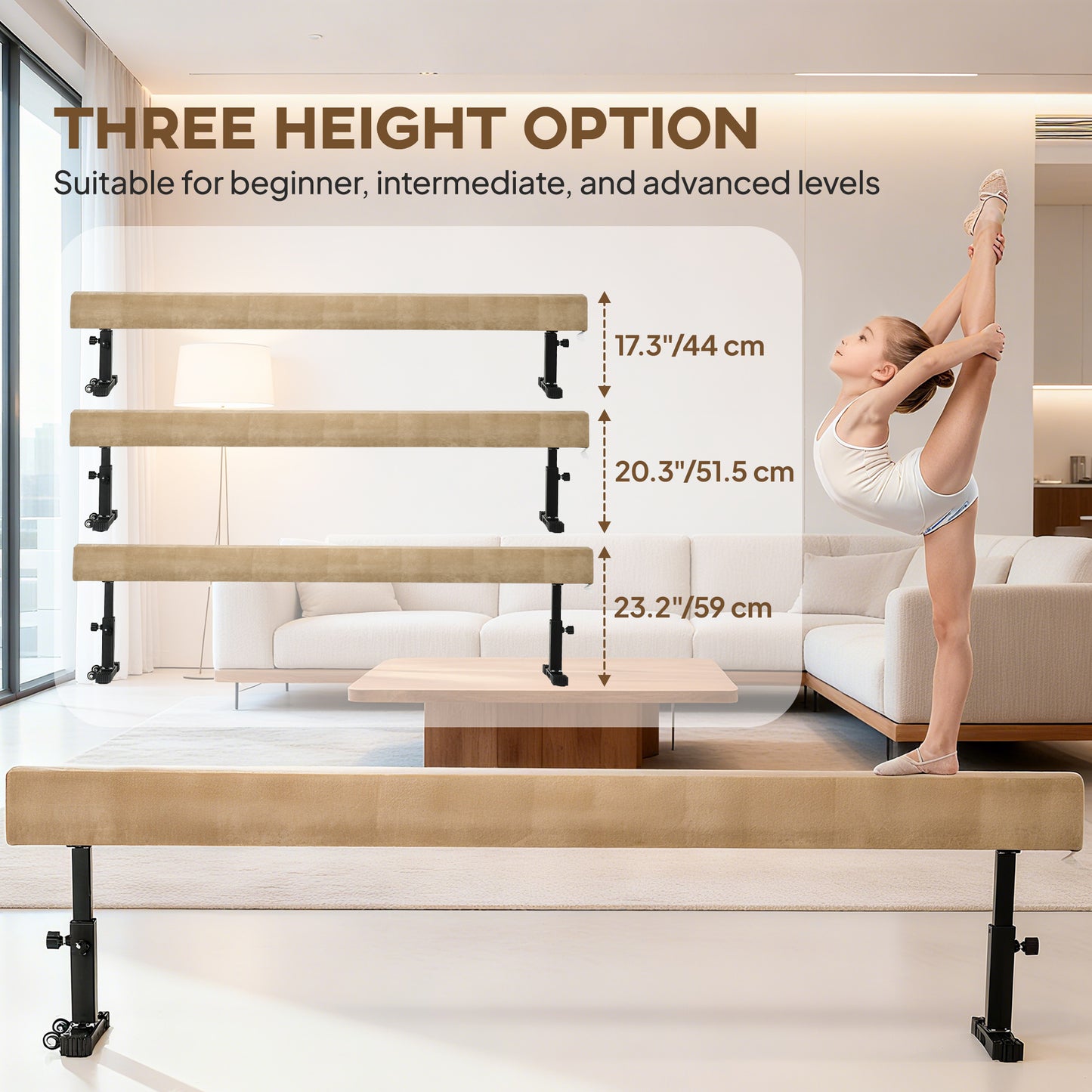 HOMCOM 7.5ft Adjustable Balance Beam, Gymnastics Beam with Wheels, Gymnastics Equipment for 6+ Years Old Training