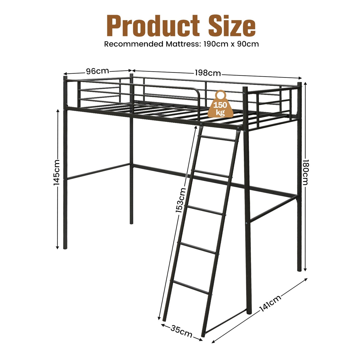 Metal Loft Bed with Integrated Ladder and Full-length Guardrails-Black