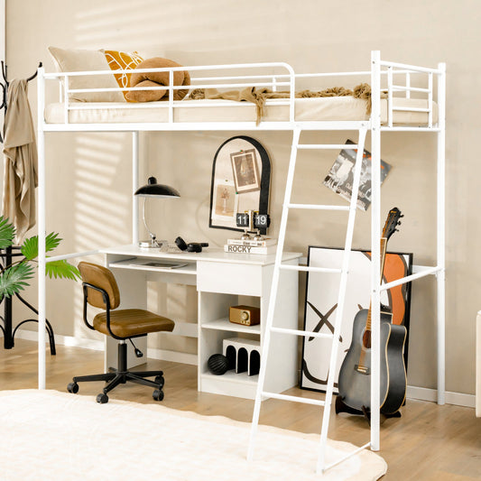 Metal Loft Bed with Integrated Ladder and Full-length Guardrails-White