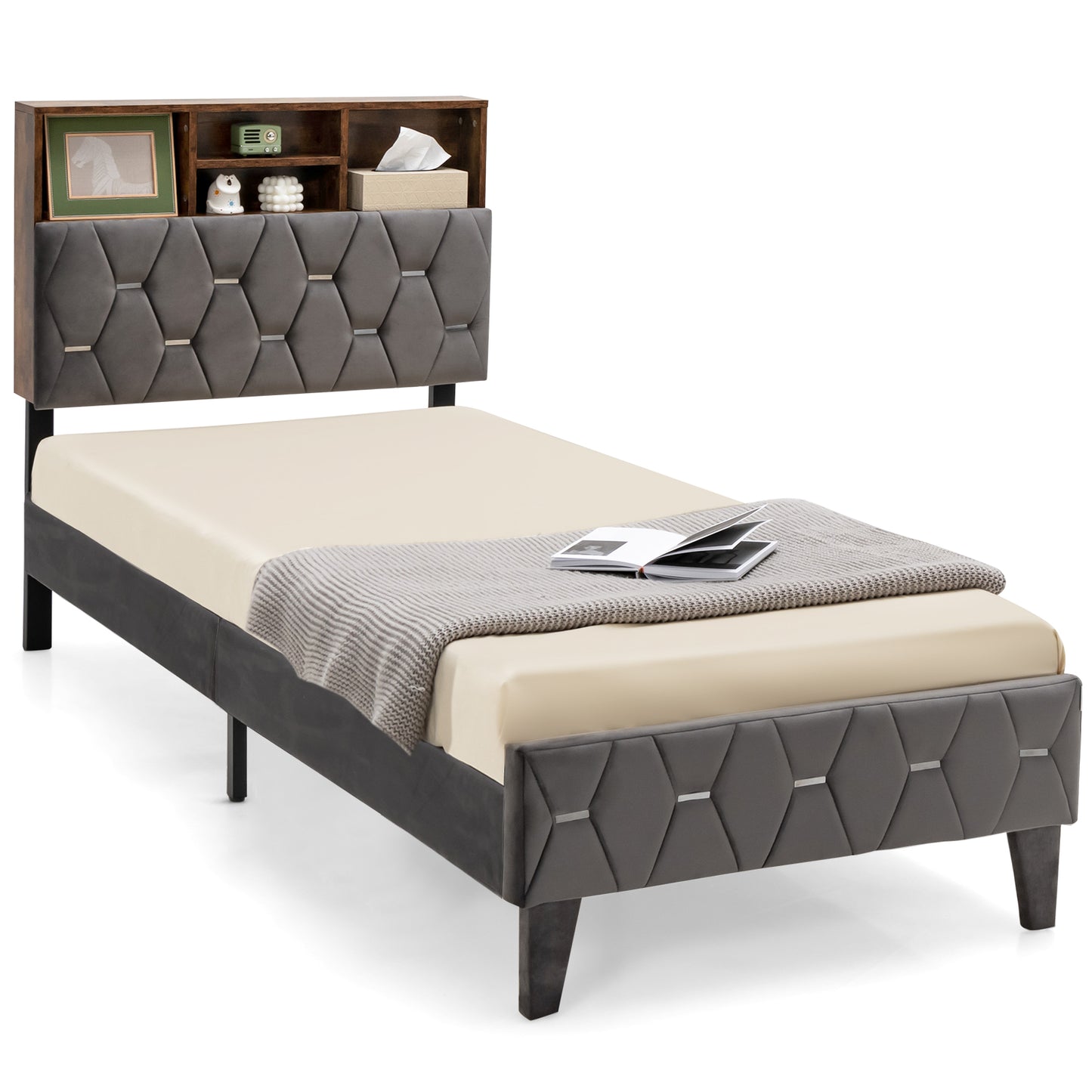 Single/Double Bed Frame with Storage Headboard and Slat Support-Single Size