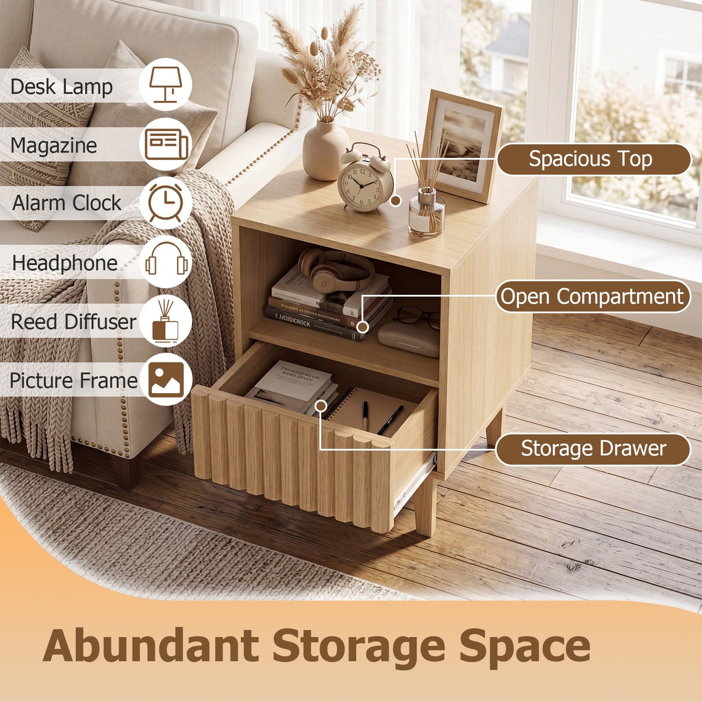 Brooklyn Fluted Nightstand Modern Wooden Night Stand with Open Compartment-Natural
