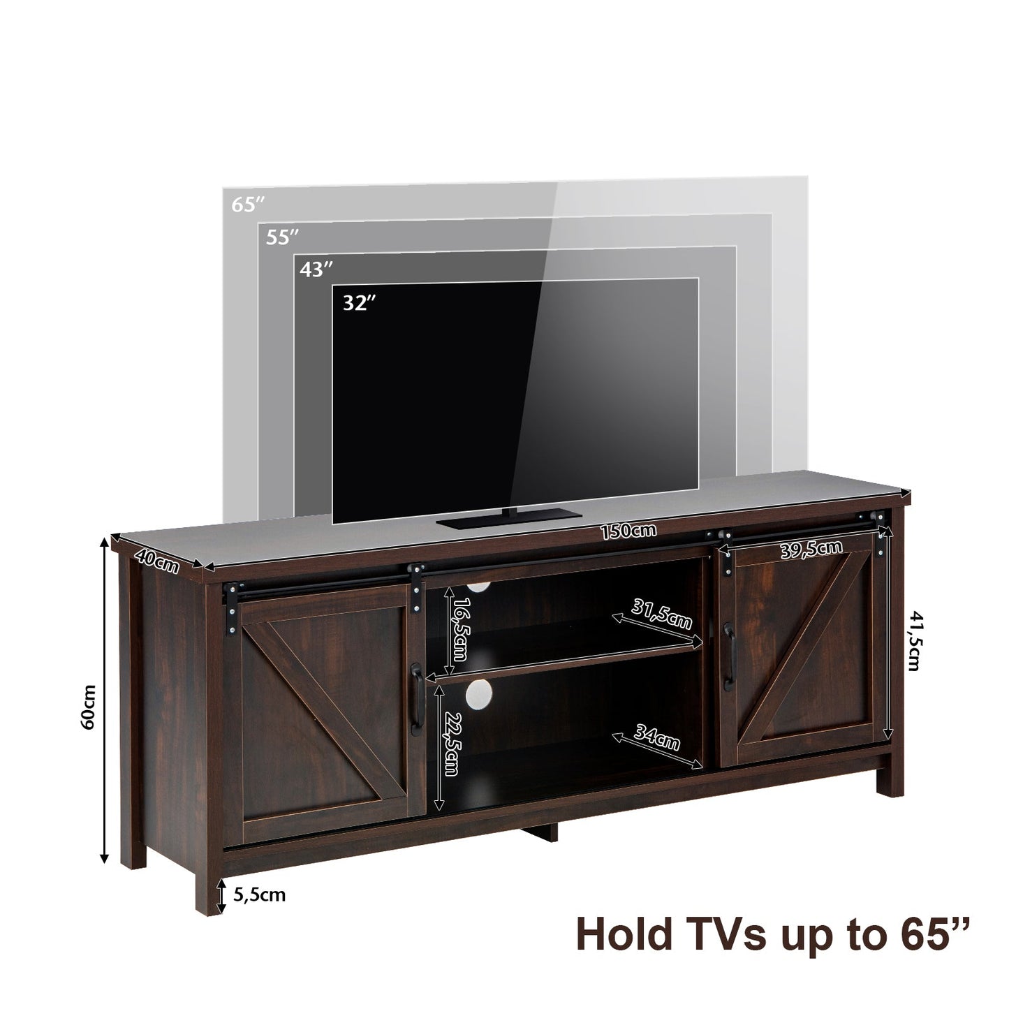TV Stand with Sliding Barn Doors for TVs up to 65 Inches