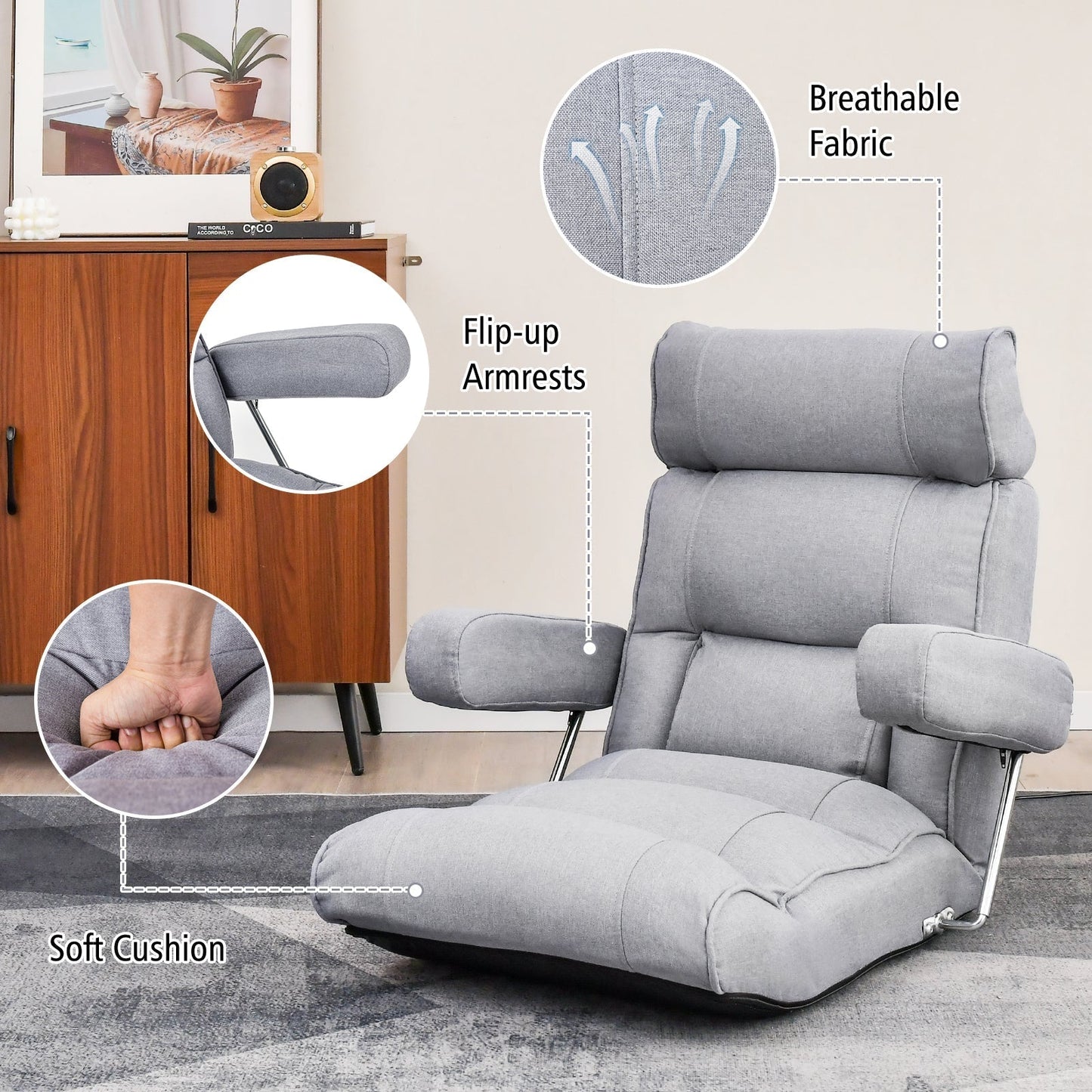 Ergonomic Sofa Lounger Chair with Stepless Adjustment Back-Grey
