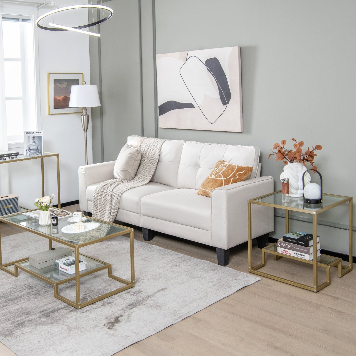 2-Tier Snack Table with Golden Metal Frame and Tempered Glass Tabletop