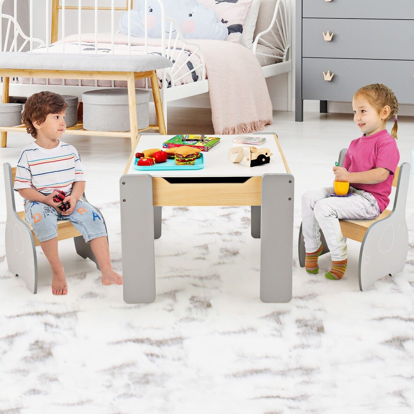 4-in-1 Wooden Kids Table and Chair Set with Hidden Storage-Grey