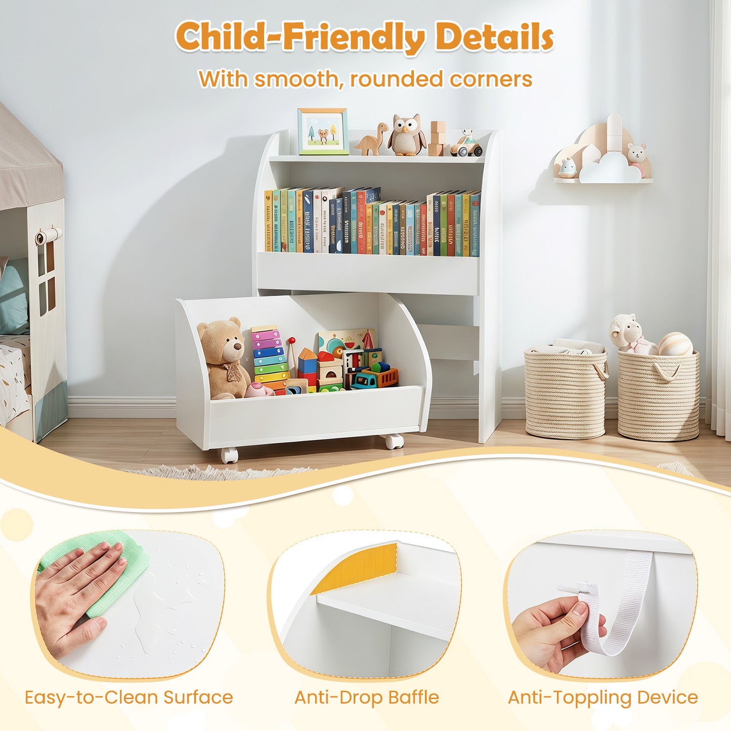 Children's Toy Storage Shelf with 2 Open Shelves and a Wheeled Drawer for Children's Bedroom-White