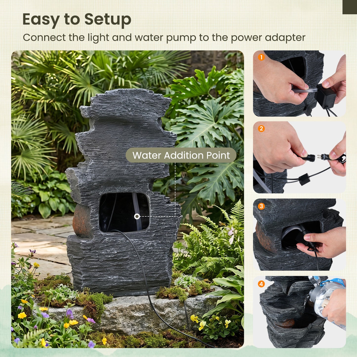 45.5 cm Outdoor Water Fountain with LED Lights and 5-Tier Tabletop Cascading Rock Waterfall Feature