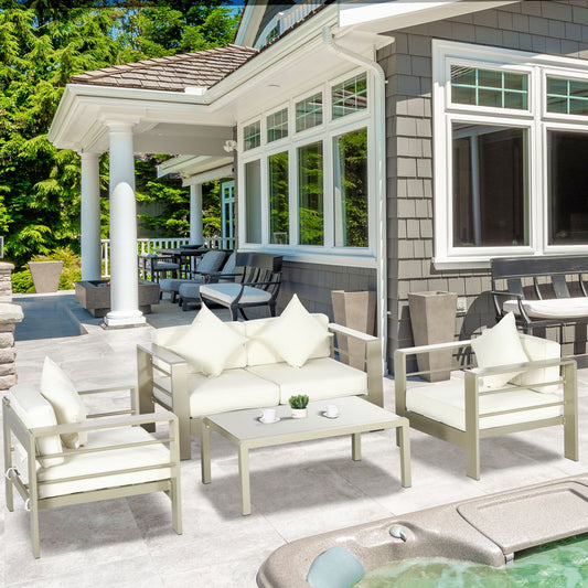 Outsunny 4 Pieces Outdoor Garden Furniture Set, Aluminium Frame Backyard Furniture w/ Thick Padded Cushioned Loveseat, 2 Chairs, and Glass Top Table, Champagne Gold