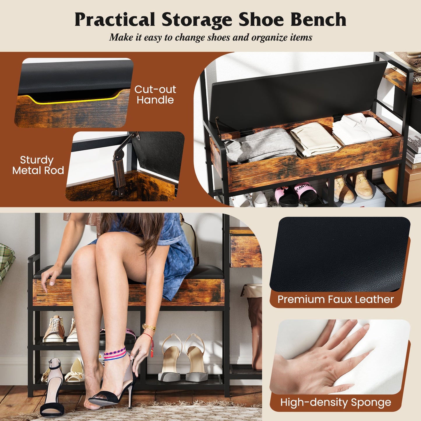 Freestanding Coat Rack with Shoe Rack and Storage Shelf-Brown