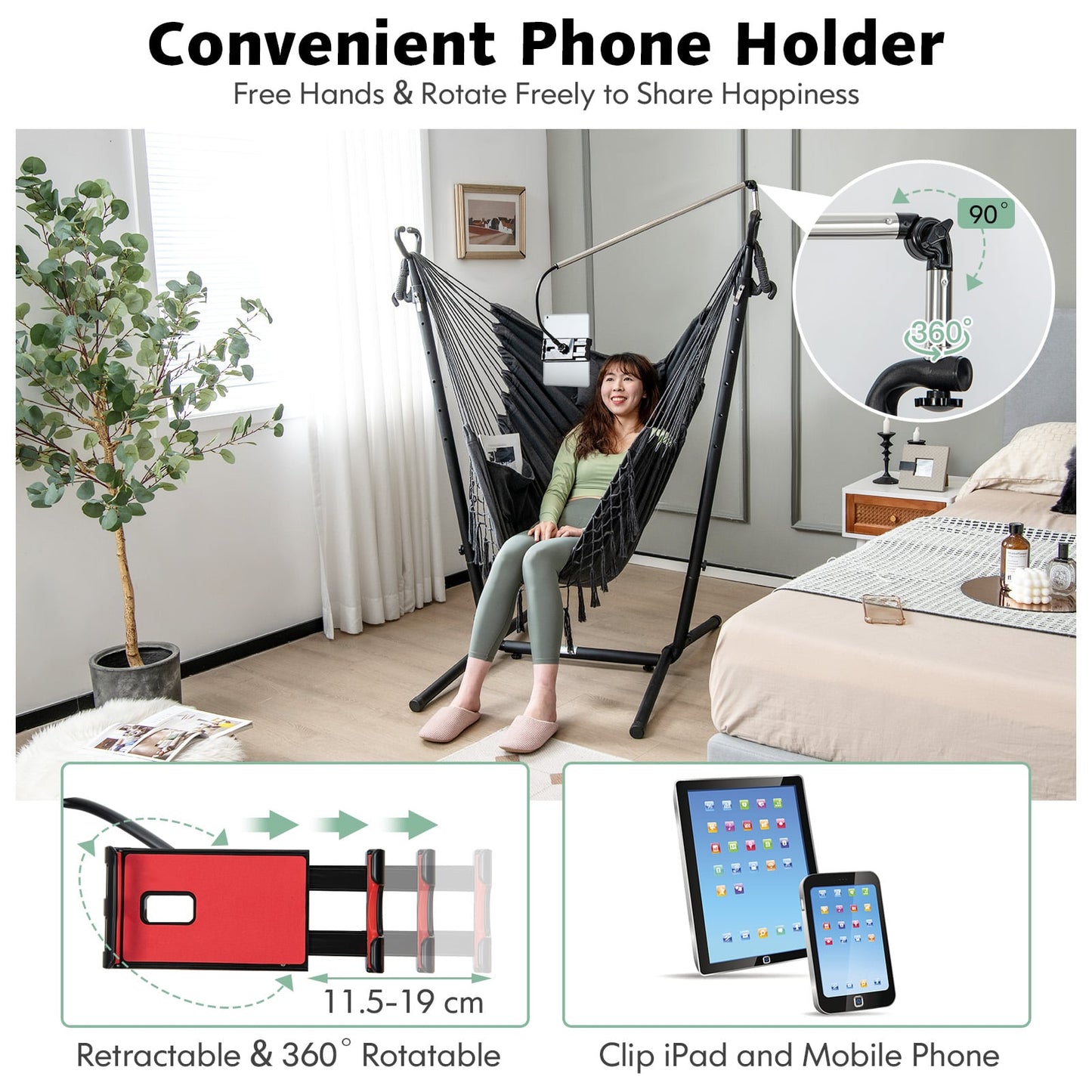 Hammock Chair with Stand and Phone Holder-Grey