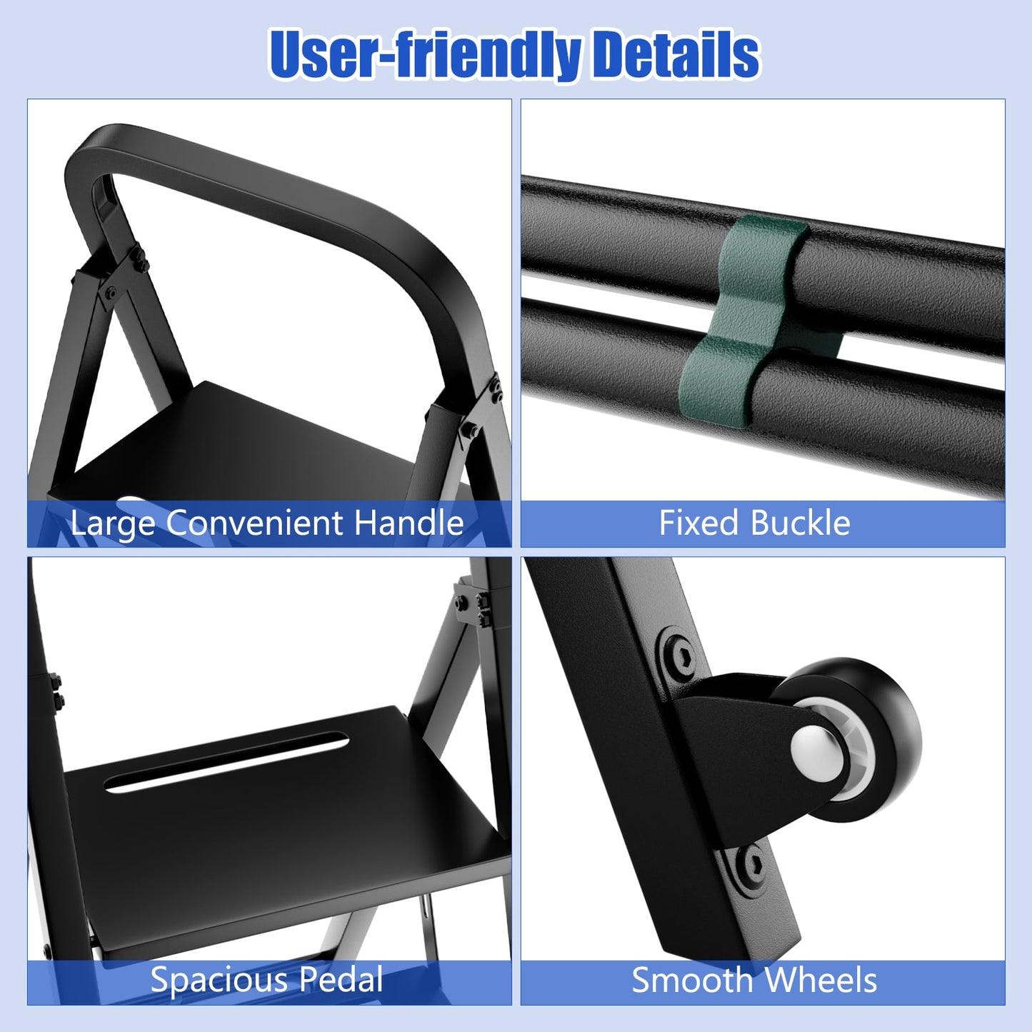 2-In-1 Hand Truck and Ladder Foldable 3-Step Ladder with Non-slip Wide Pedals-Black