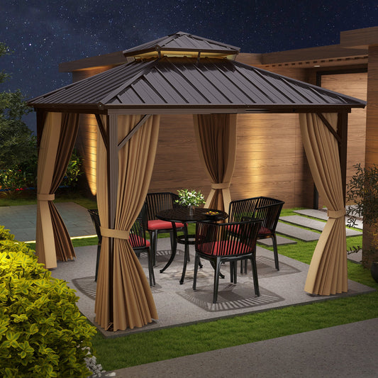 290 x 290 cm Hardtop Gazebo with Netting and Curtain and Double-Roof Metal Top-Coffee