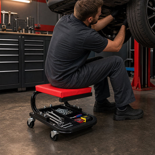 Heavy Duty Mechanic Rolling Stool with Tool Tray and Padded 360° Swivel for Garage-Red