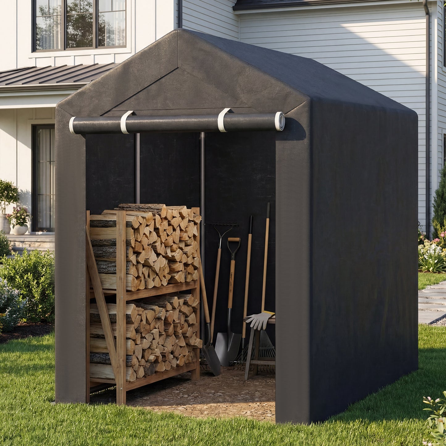 Heavy-Duty Portable Storage Shed with Roll-up Zipper Door and Sun-Protective Canopy-M