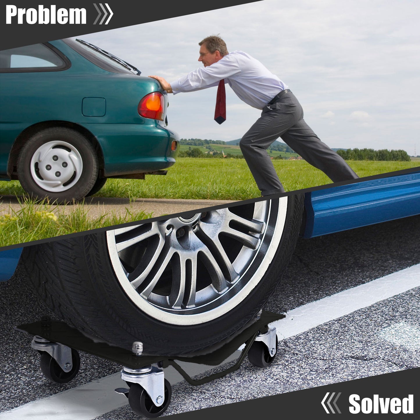 Heavy Duty Steel Tire Skates with Lockable Casters and Handle for Cars Trucks-4 Pack