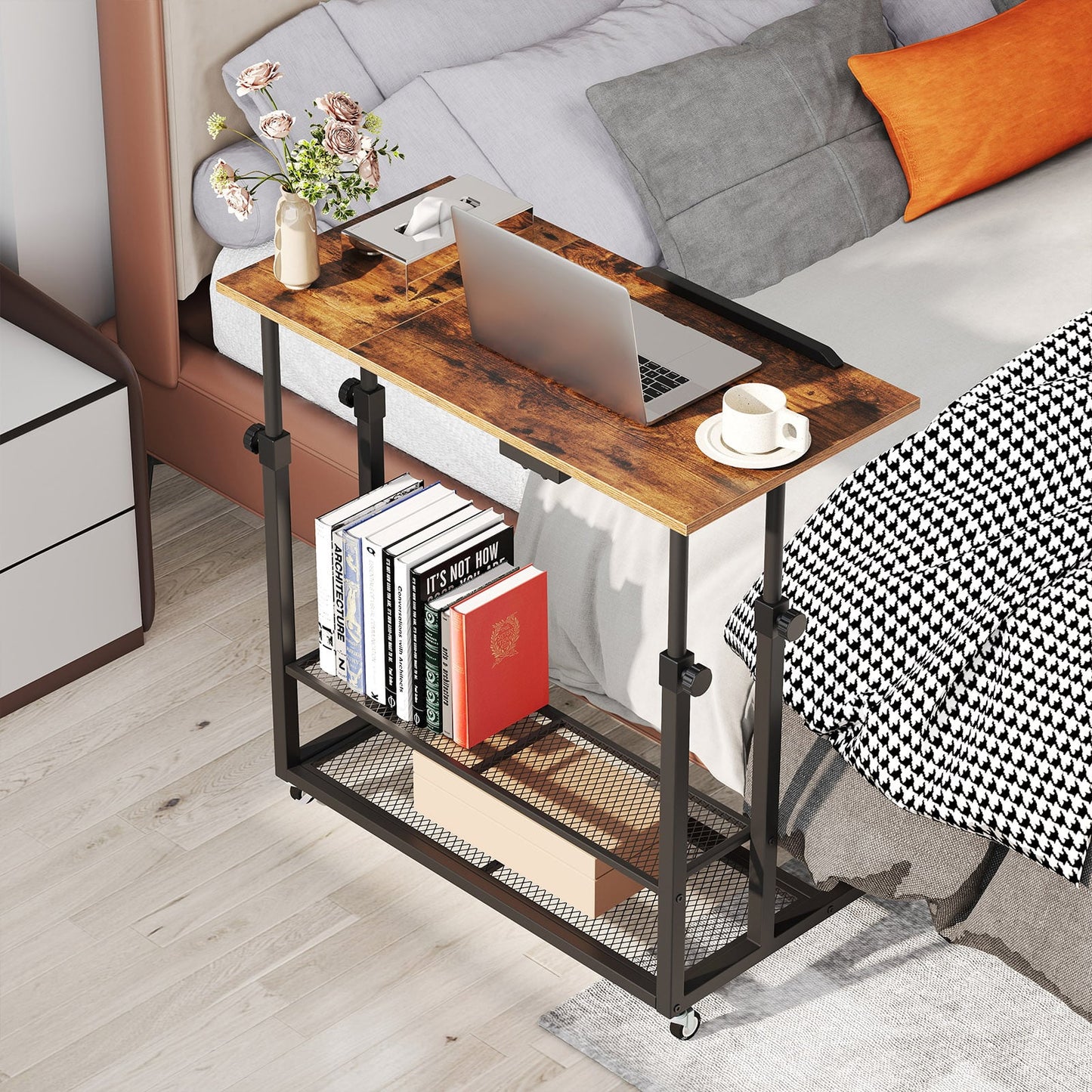 Mobile Stand up Height Adjustable Sit Stand Desk with Tilting Tabletop-Rustic Brown