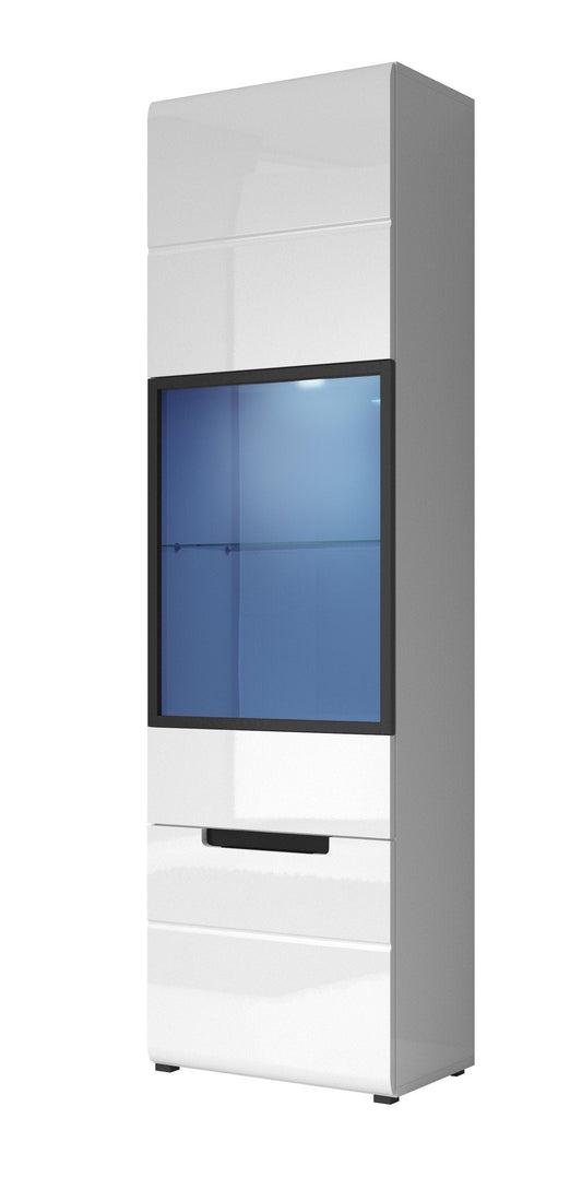 Tall white cabinet with a glass door displaying blue content on a white background