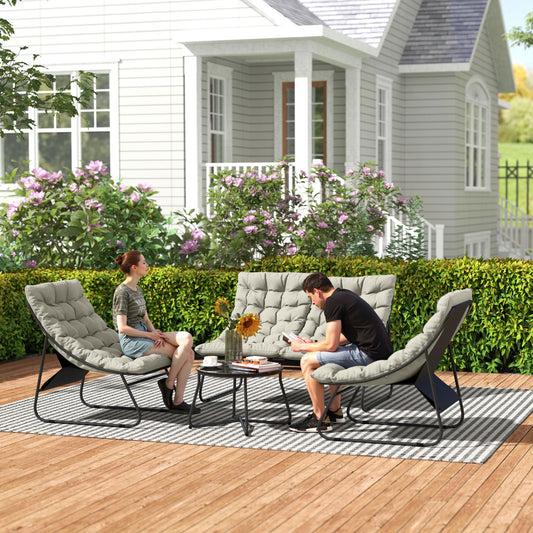 Outsunny 4 Seater Garden Furniture Set, Conversation Set with Loveseat Sofa, Chairs, Glass Coffee Table, Thick Cushions, Steel Outdoor Sofa for Balcony, Poolside, Conservatory, Light Grey