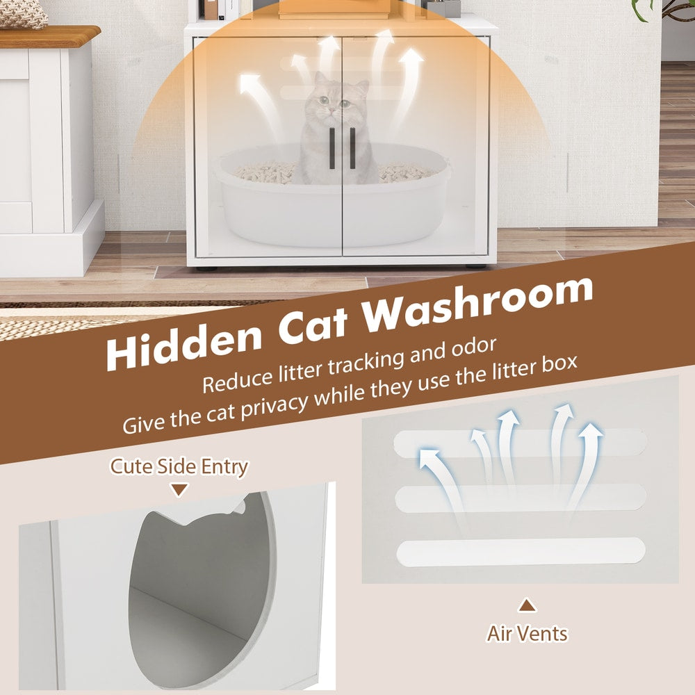 2-in-1 Hidden Cat Litter Box Enclosure with 3 Open Shelves-White