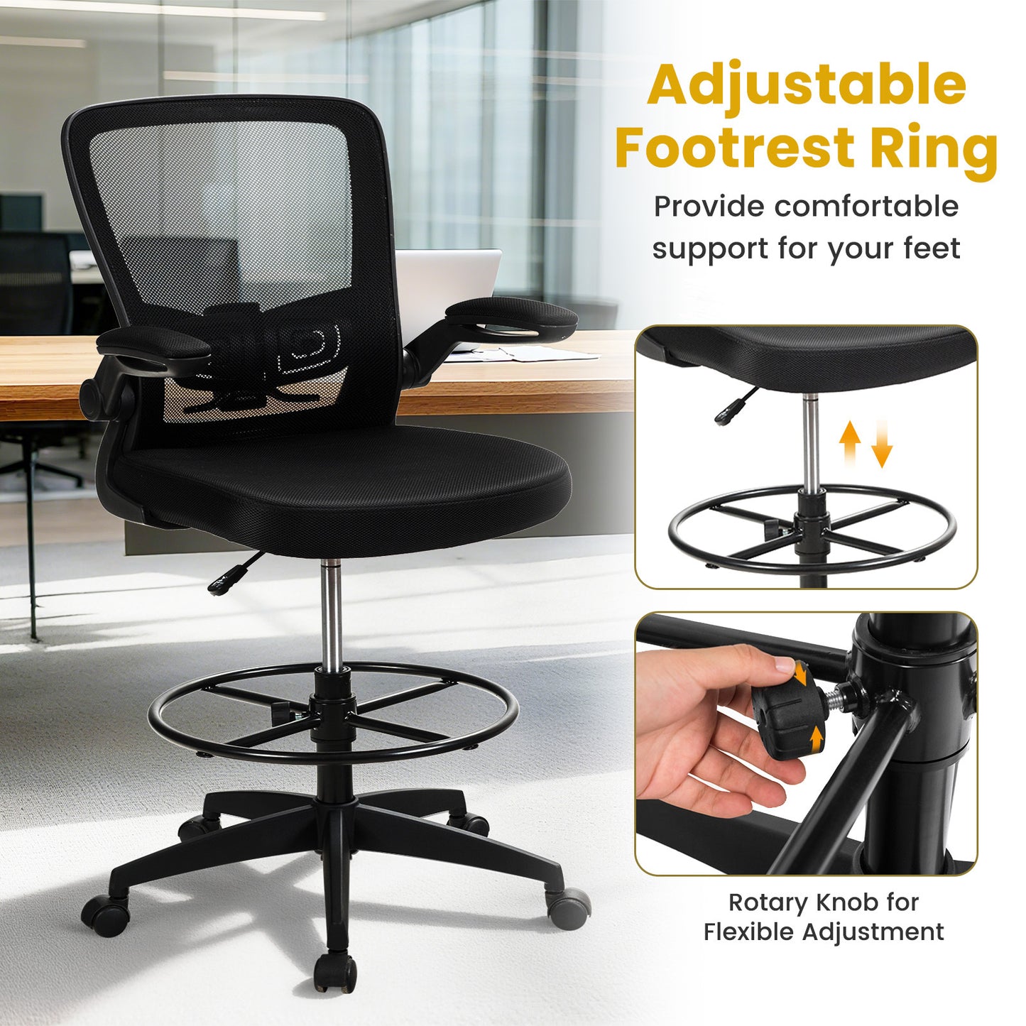 High Back Mesh Office Chair with Flip-up Armrests Footrest Ring Set of 2-Black