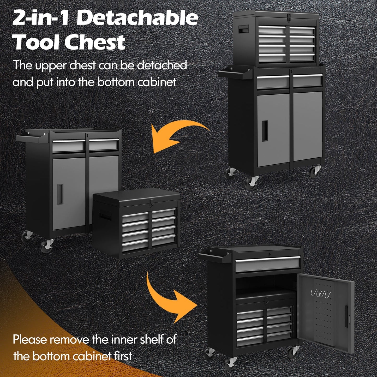 High Capacity Tool Storage Cabinet with Lockable Wheels-Black & Grey