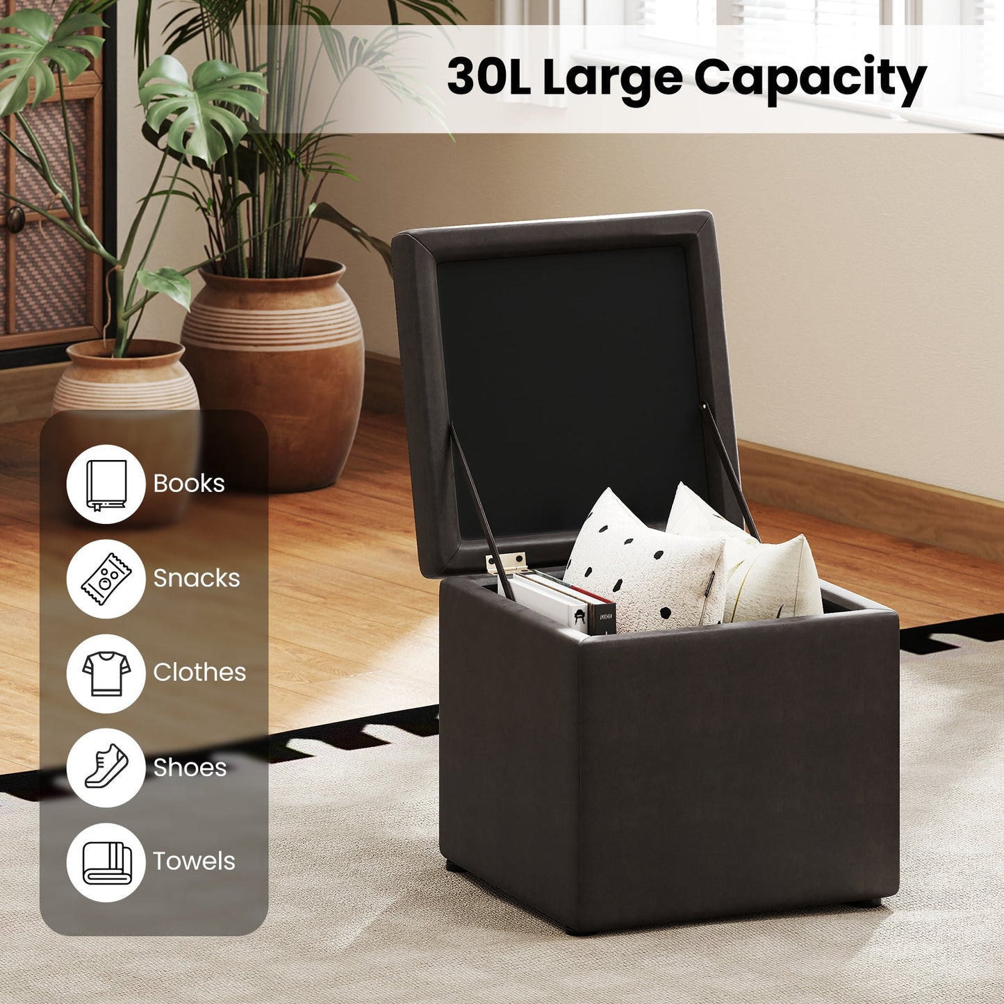 High Quality PU Leather Cube Ottoman Storage Seat-Grey