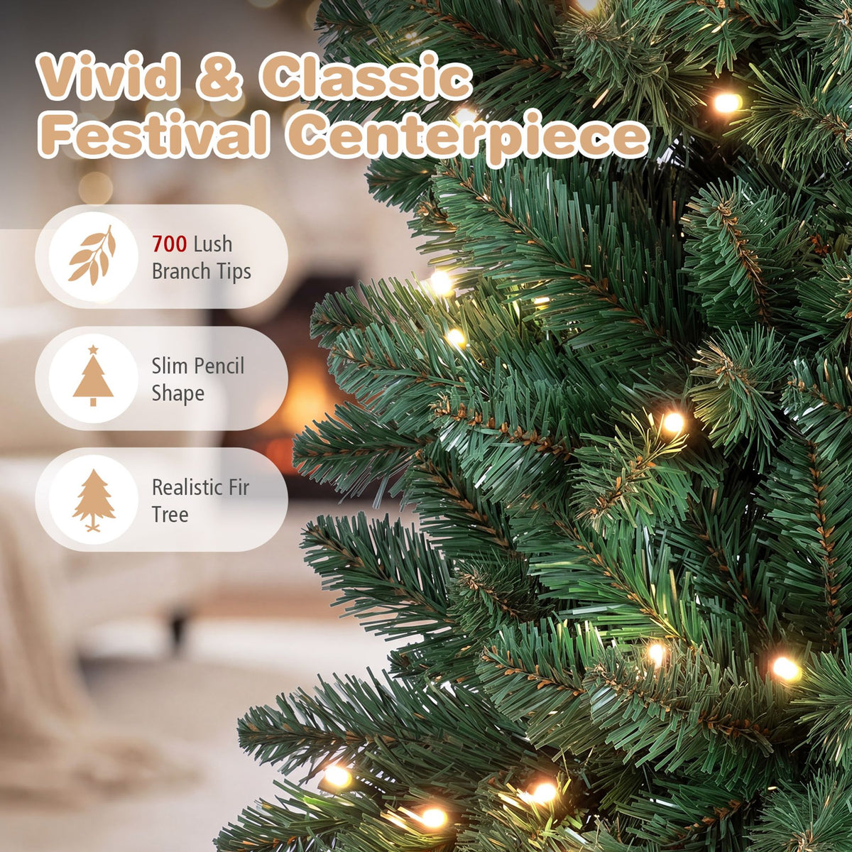 Hinged Pencil Xmas Tree with 350/250 Color Changing RGB Lights and Adjustable Brightness Speed-180cm