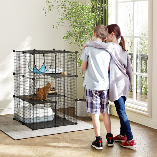 PawHut Indoor Cat Cage DIY Customizable 3-Tier Indoor Cat Enclosure with 3 Doors and Hammock 105 cm Black