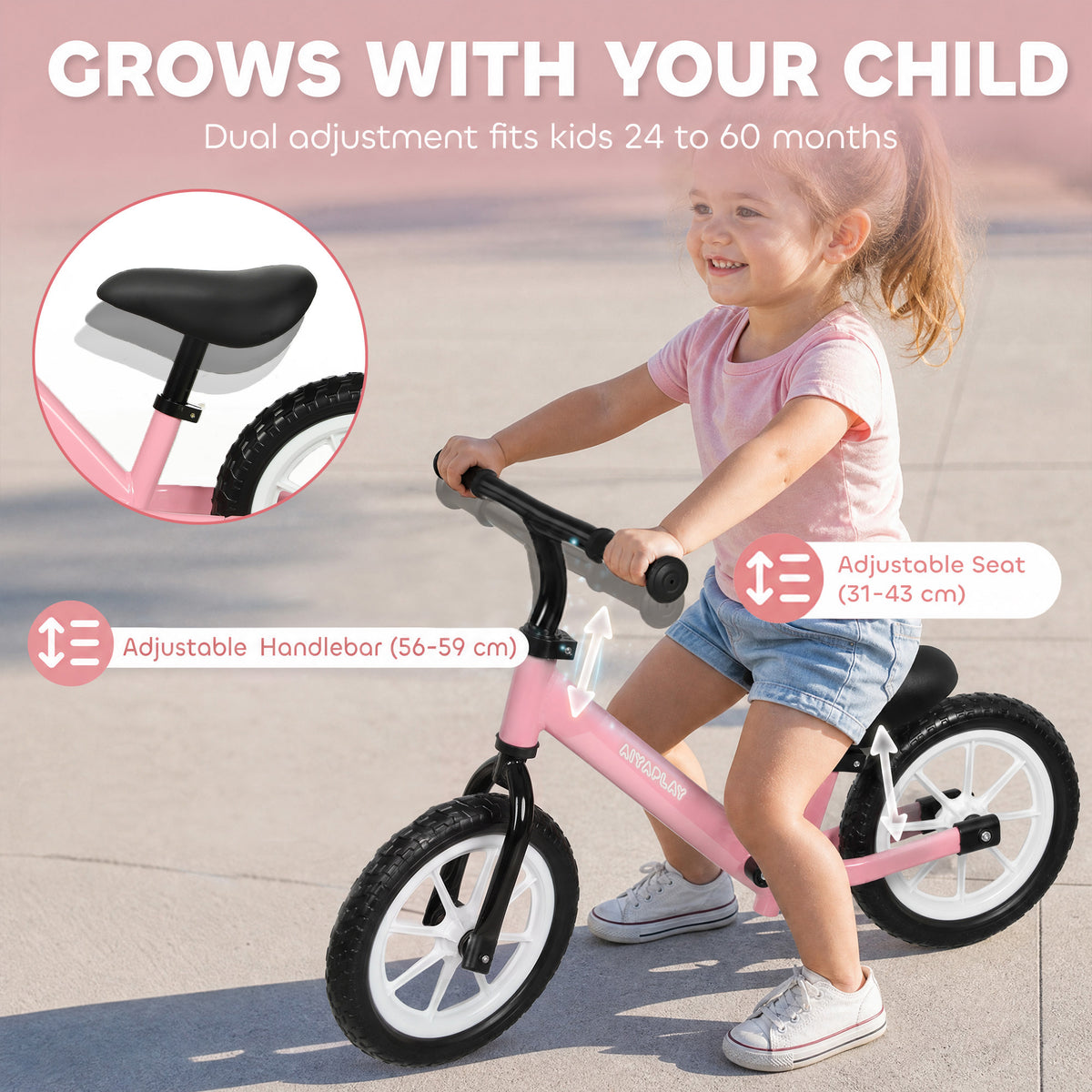 AIYAPLAY 11.2" Balance Bike for 2-5 Years, Toddler Bike with Lighting Wheels, Adjustable Seat & Handlebar, 360° Steering, Pink