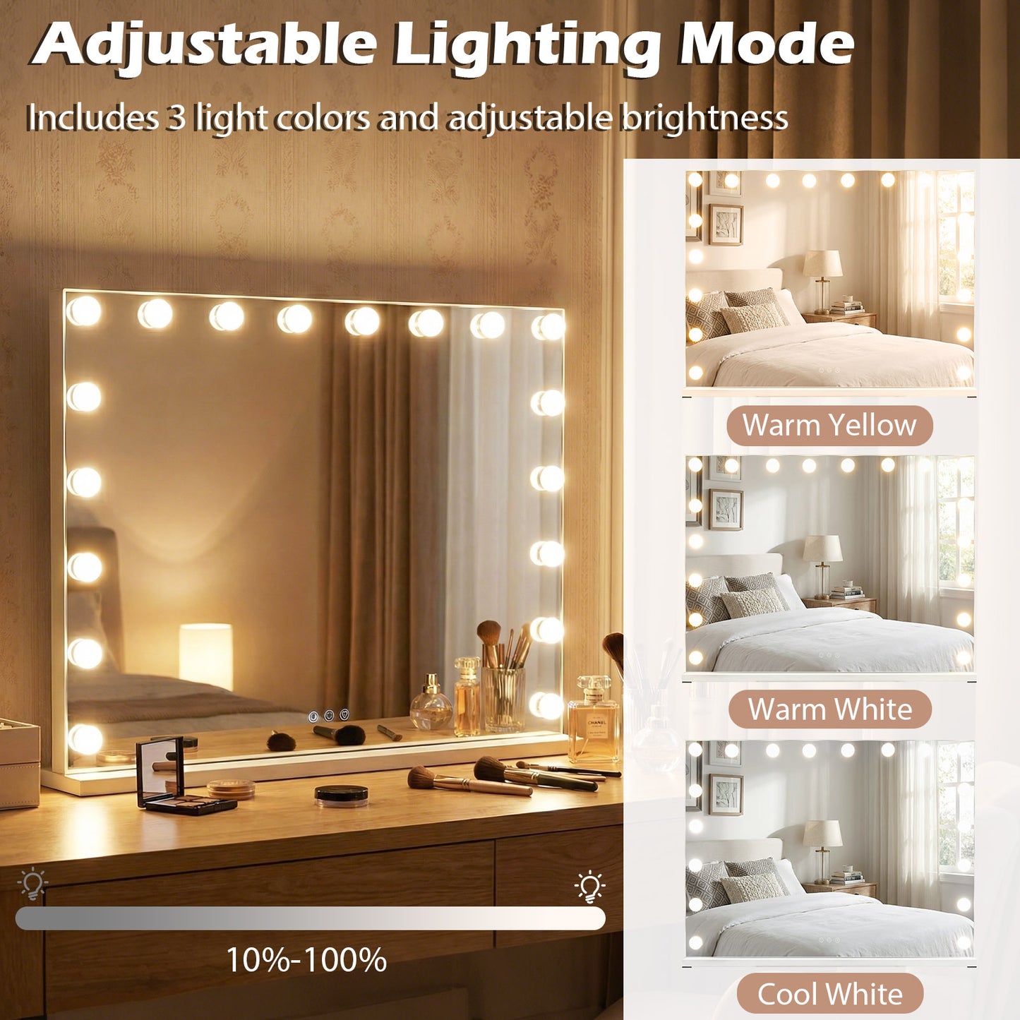 Hollywood Vanity Mirror with 3 Light Colors and Adjustable Brightness-White-L