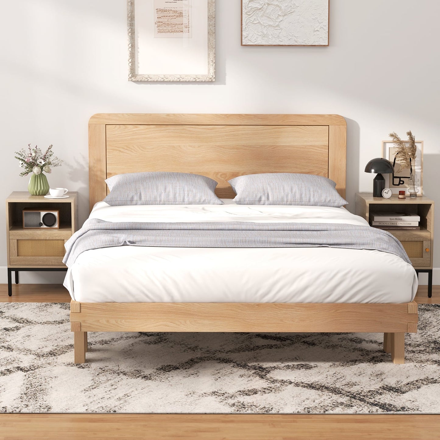 Home Boho Style Nightstand Accent Table with Open Shelf and Door Cabinet-Natural