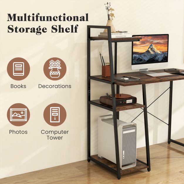Home Office Desk with Bookshelf and Host Stand-Brown