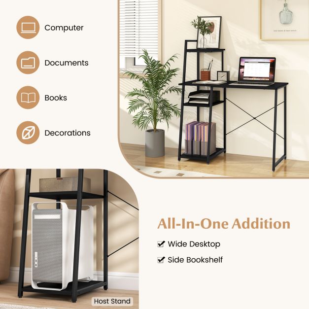 Home Office Desk with Bookshelf and Host Stand-Black