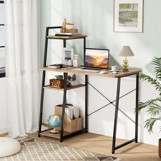 Home Office Desk with Bookshelf and Host Stand-Natural