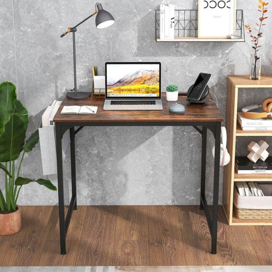 Home Office Desk with Charging Station and Storage Bag-Brown